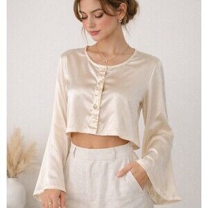 12th Tribe Women’s Top Blouse Satin Bell Sleeve Button Front Ivory Cream Large